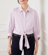 Karen Kane Womens Stripe Blouson Sleeve Embellished Tie-Front Top