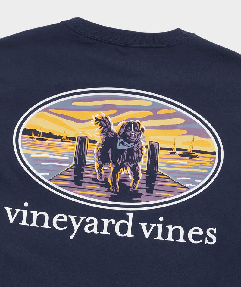 Vineyard Vines Mens Sunset Pier Bernese Mountain Dog Long Sleeve Pocket T-Shirt