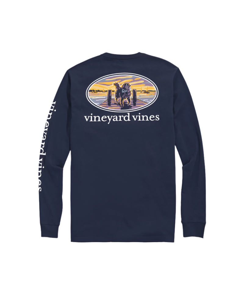 Vineyard Vines Mens Sunset Pier Bernese Mountain Dog Long Sleeve Pocket T-Shirt