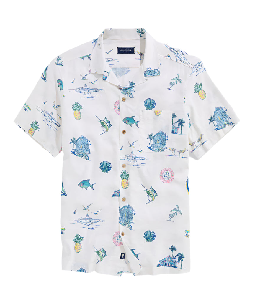 Vineyard Vines Mens Gasparilla Icons Linen Blend Short Sleeve Shirt