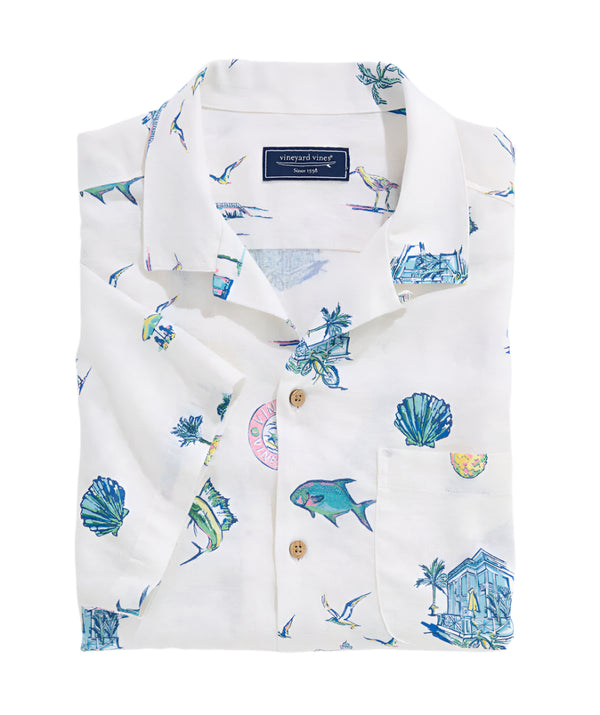 Vineyard Vines Mens Gasparilla Icons Linen Blend Short Sleeve Shirt