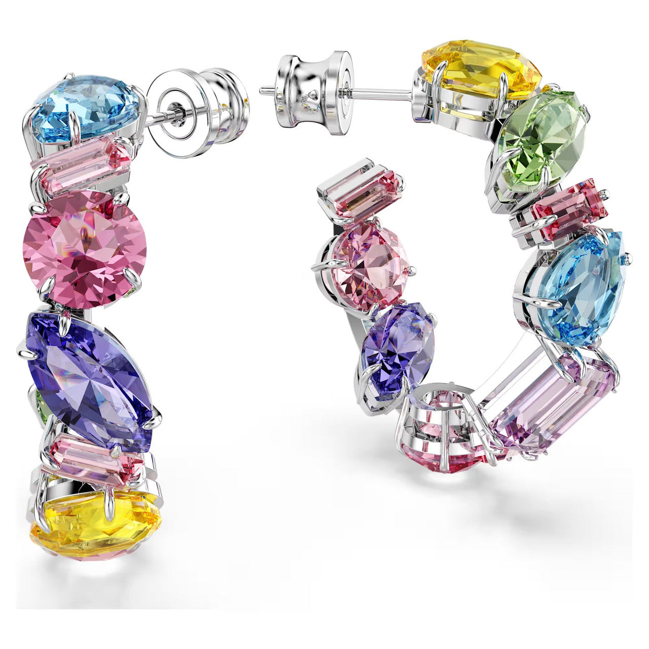 Swarovski Gema Hoop Earrings - Asymmetrical design, Mixed Cuts, Small, Multicolored, Rhodium Plated