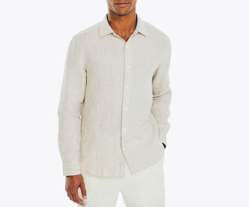 Nautica Mens Linen Solid Long Sleeve Button Down Shirt