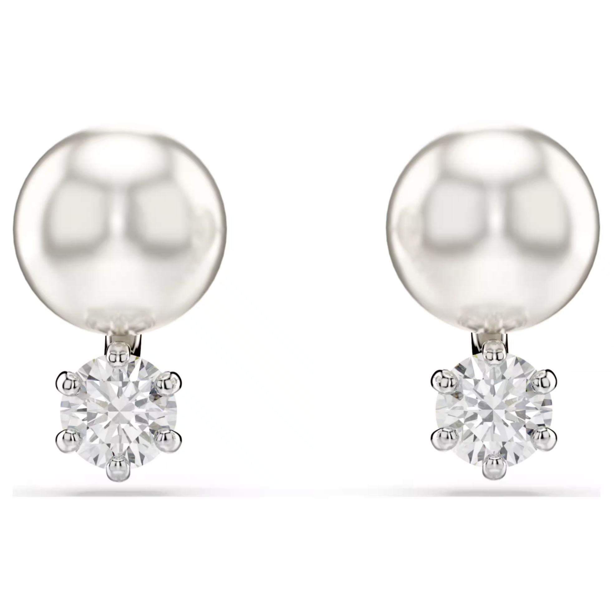 Swarovski Matrix Stud Earrings - Crystal pearl, Round cut, White, Rhodium plated