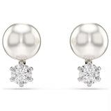 Swarovski Matrix Stud Earrings - Crystal pearl, Round cut, White, Rhodium plated
