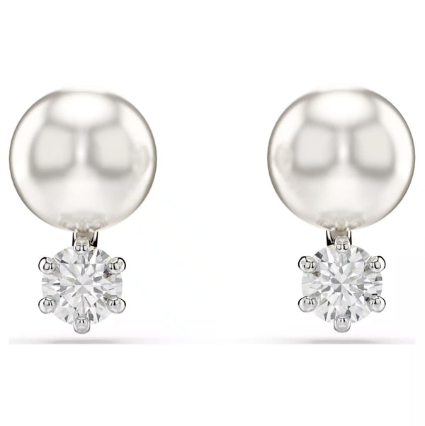 Swarovski Matrix Stud Earrings - Crystal pearl, Round cut, White, Rhodium plated