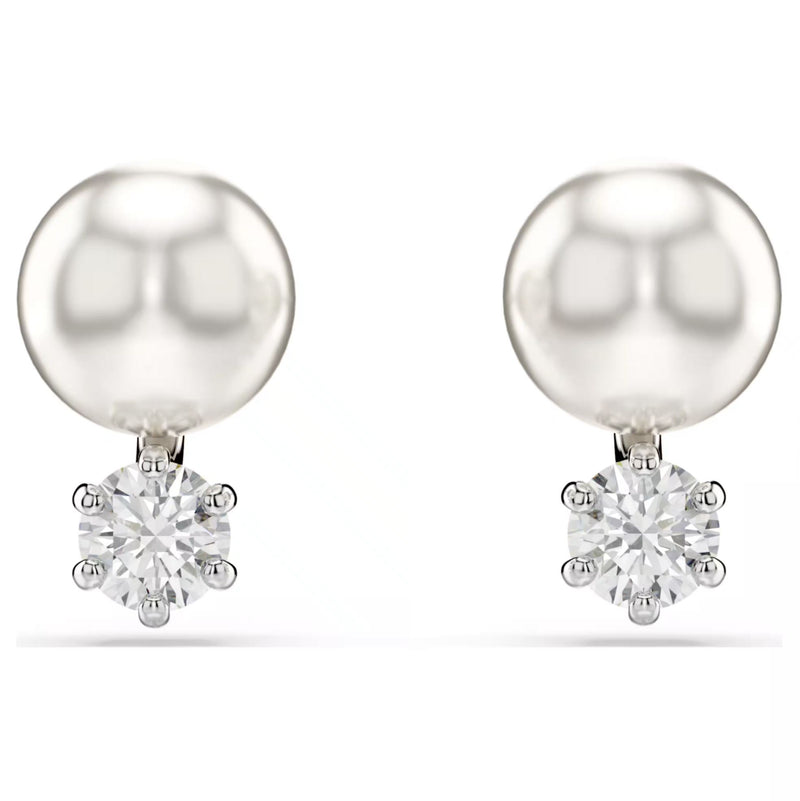 Swarovski Matrix Stud Earrings - Crystal pearl, Round cut, White, Rhodium plated