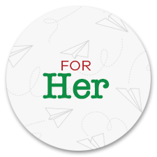 Round white card with 'FOR HER' text in green and red on a white background