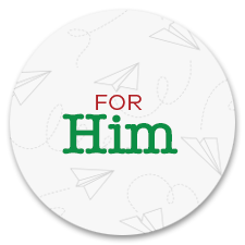 Round white label with 'FOR HIM' text in green and red on a white background