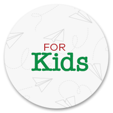 Round white sticker with 'For Kids' text in red and green on a white background