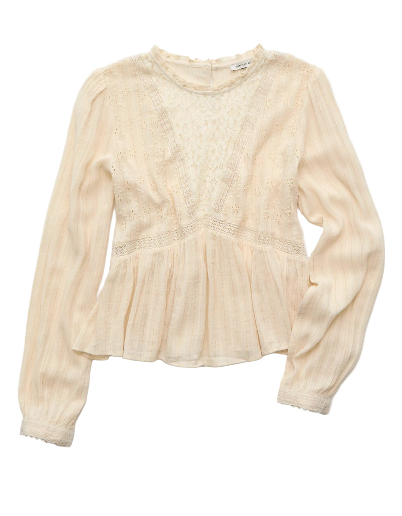 American Eagle Womens AE High Neck Lace Long Sleeve Blouse