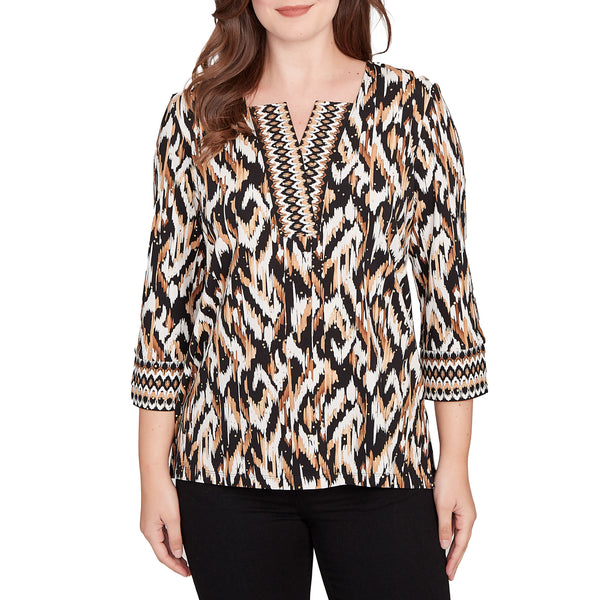 Ruby Rd. Womens Ikat Border 3/4 Sleeve Top