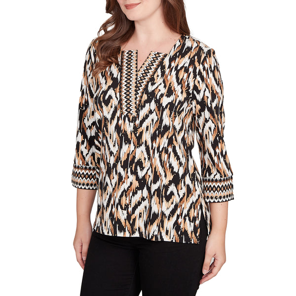 Ruby Rd. Womens Ikat Border 3/4 Sleeve Top