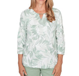 Ruby Rd. Womens Monotone Leaf Print Split Neck Top