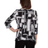 Alfred Dunner Womens Geo Boxes Puff Printed Top With Necklace