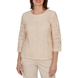 Alfred Dunner Womens Floral Crochet Lined Knit Top