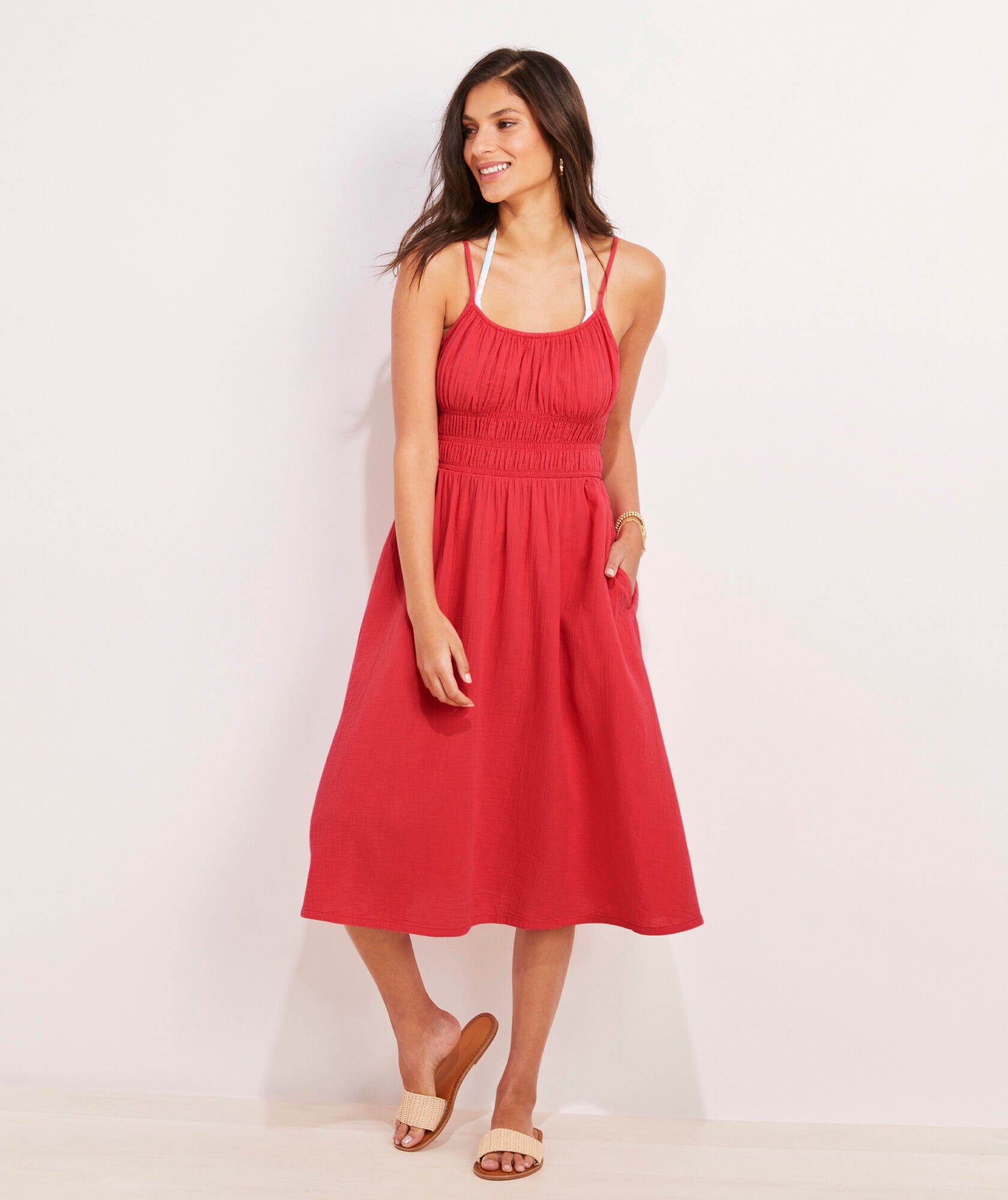 Vineyard Vines Womens Seastitch Double Gauze Smocked Coverup Dress