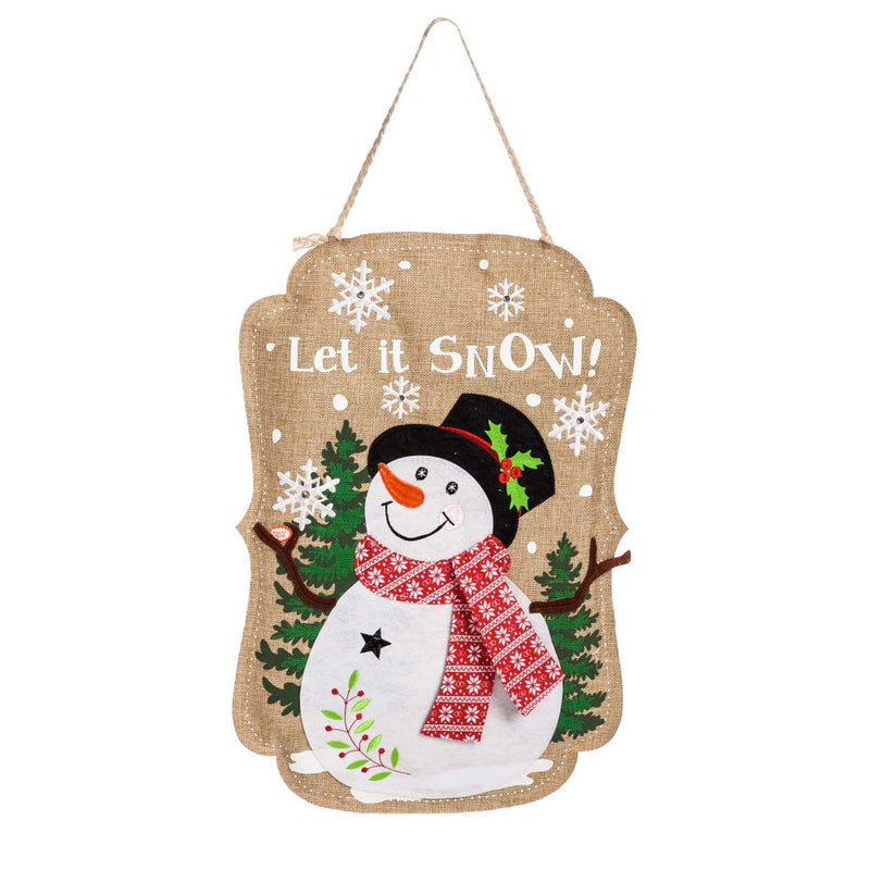 Evergreen Sparkle Snowman Lighted Burlap Door Décor
