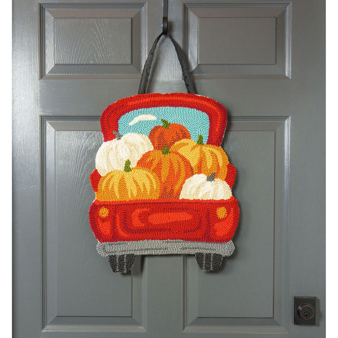 Evergreen Red Truck with Pumpkins Door Decor