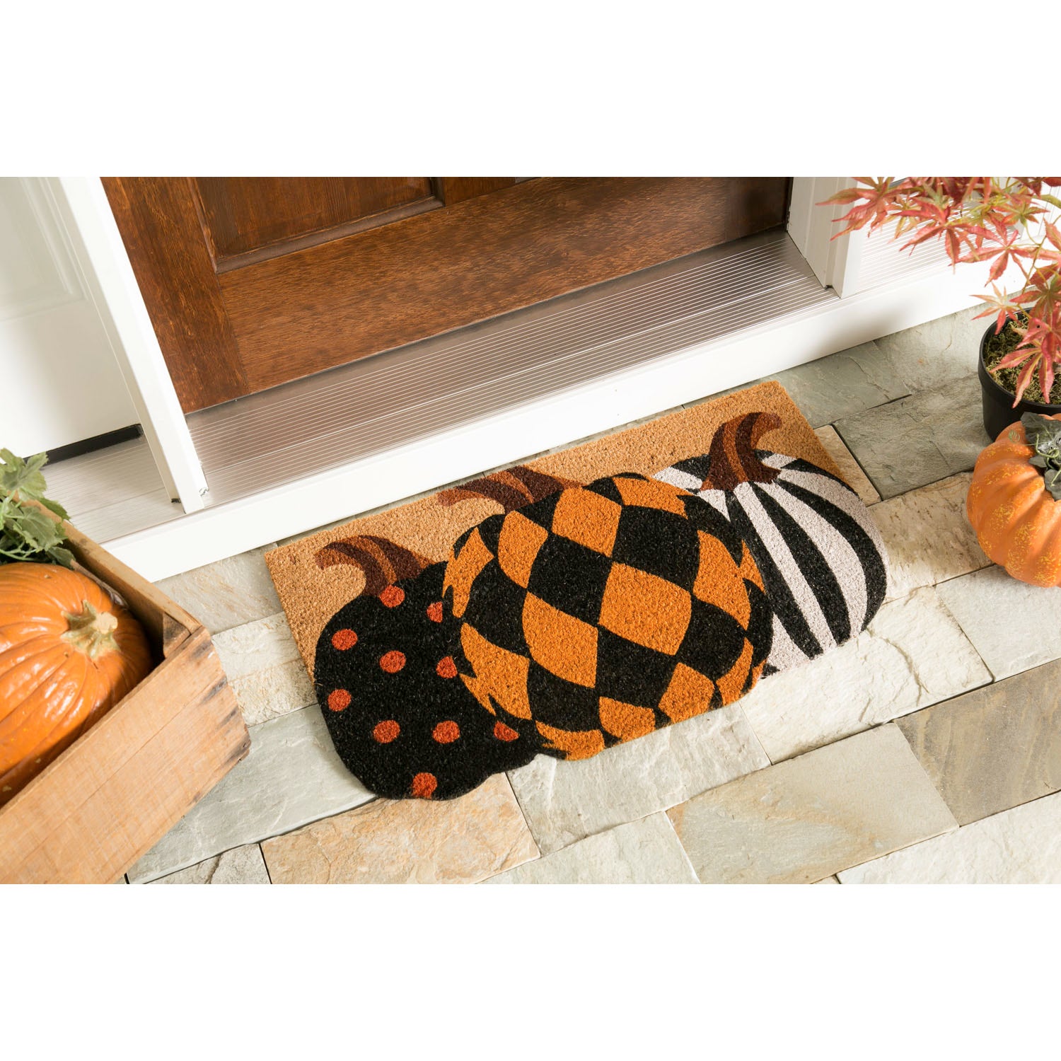 Evergreen Pattern Pumpkins Shaped Coir Mat