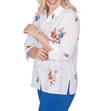 Alfred Dunner Womens Embroidered Flower Collared Button Front Top