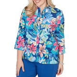 Alfred Dunner Womens Tropical Eyelet Button Down Top