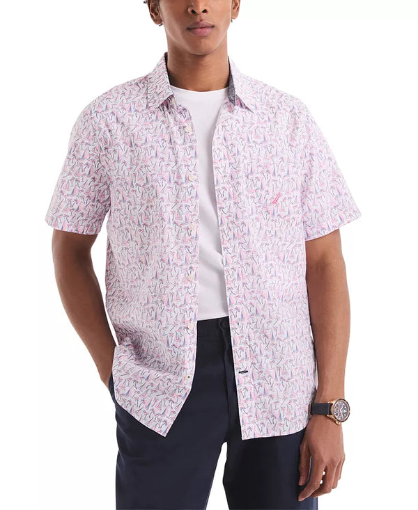 Nautica Mens Classic-Fit Printed Button-Down Short Sleeve Shirt