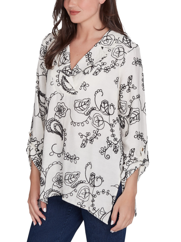 Ruby Rd. Womens Portrait Collar Floral Embroidered Top