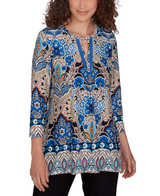 Ruby Rd. Womens Medallion Border Puff Print Sharkbite 3/4 Sleeve Hem Top