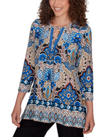 Ruby Rd. Womens Medallion Border Puff Print Sharkbite 3/4 Sleeve Hem Top