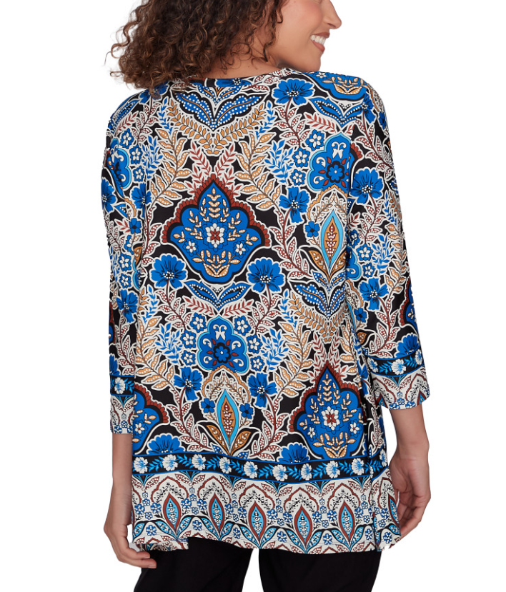 Ruby Rd. Womens Medallion Border Puff Print Sharkbite 3/4 Sleeve Hem Top