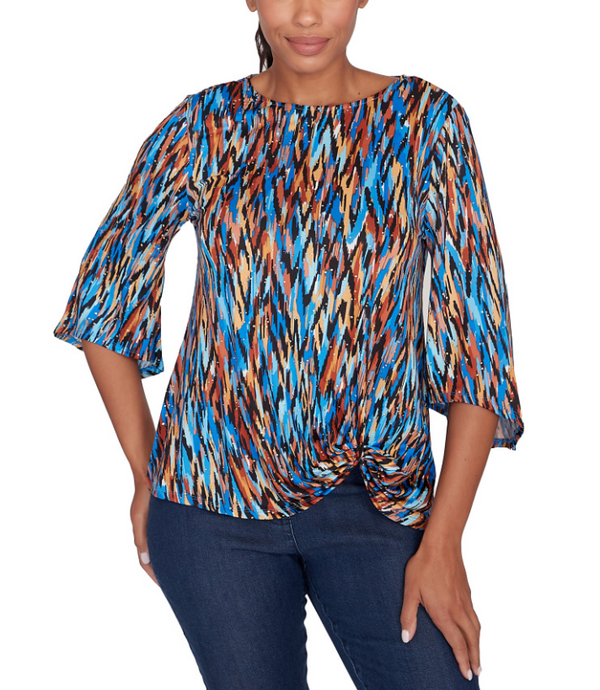 Ruby Rd. Womens Brushed Ikat Dew Drop Twist Front Top