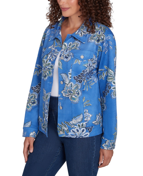 Ruby Rd. Womens Foil Floral Print Faux Suede Jacket