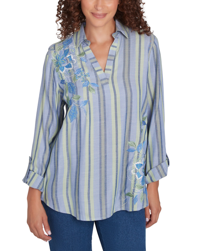 Ruby Rd. Womens Striped Chambray Floral Embroidered Top