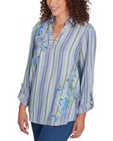 Ruby Rd. Womens Striped Chambray Floral Embroidered Top