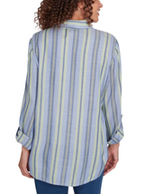 Ruby Rd. Womens Striped Chambray Floral Embroidered Top