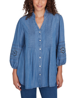 Ruby Rd. Womens Embroidered 3/4 Sleeve Button Front Top