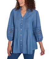 Ruby Rd. Womens Embroidered 3/4 Sleeve Button Front Top