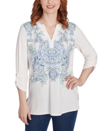 Ruby Rd. Womens Split Neck Embroidered Knit Top