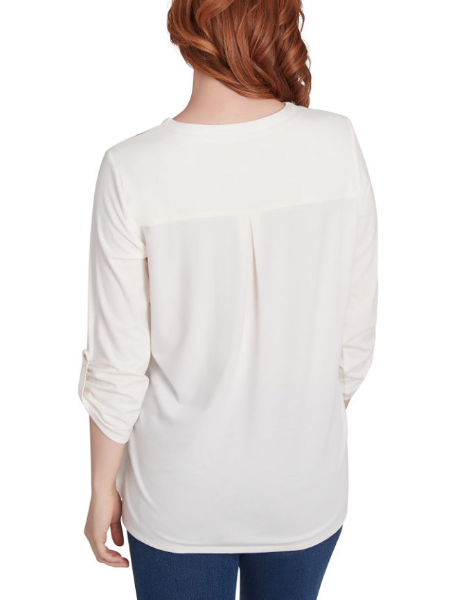 Ruby Rd. Womens Split Neck Embroidered Knit Top