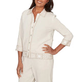 Alfred Dunner Womens Embellished Crochet Trim Linen Jacket