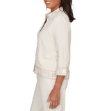 Alfred Dunner Womens Embellished Crochet Trim Linen Jacket