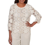Alfred Dunner Womens Floral Crochet 3/4 Sleeve Top
