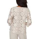 Alfred Dunner Womens Floral Crochet 3/4 Sleeve Top
