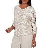Alfred Dunner Womens Floral Crochet 3/4 Sleeve Top