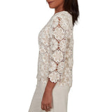 Alfred Dunner Womens Floral Crochet 3/4 Sleeve Top