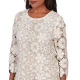 Alfred Dunner Womens Floral Crochet 3/4 Sleeve Top