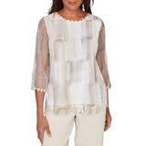 Alfred Dunner Womens Neutral Brushstrokes Mesh Top