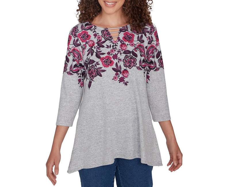 Ruby Rd. Womens Floral Vine Sharkbite 3/4 Sleeve Top