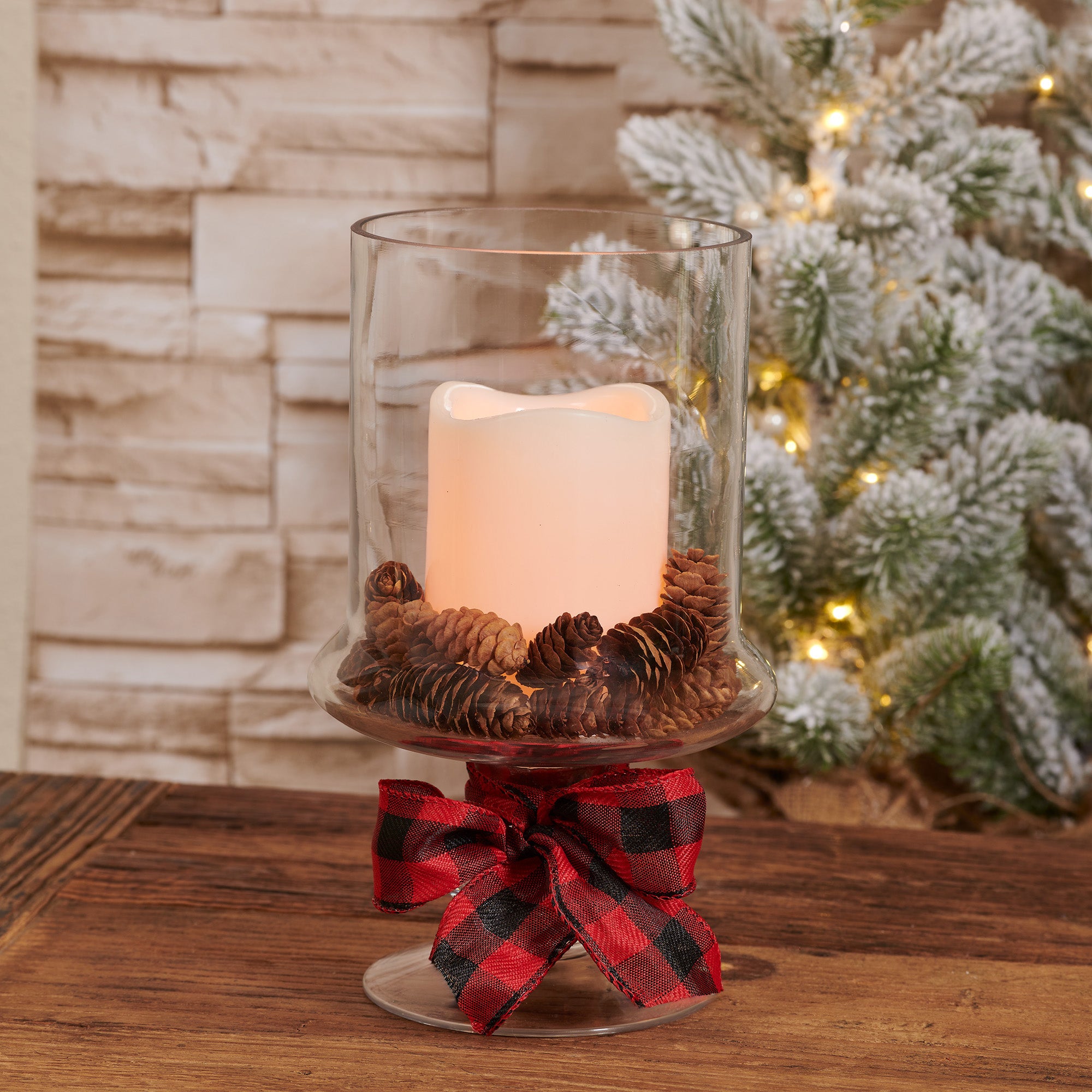 Studio 66 Cinnamon Pines Hurricane LED Candle Table Decor